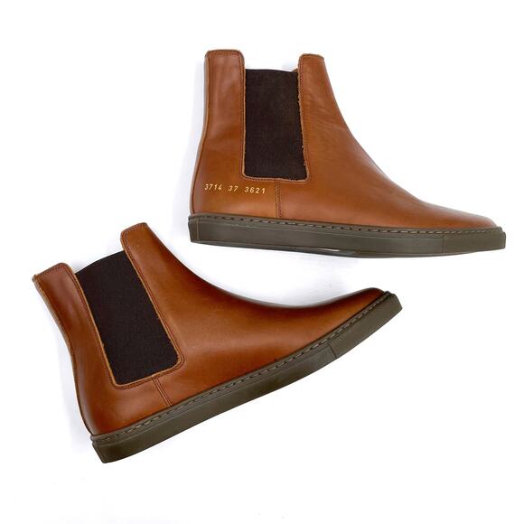 Woman by Common Projects Chelsea Boots Brown Leather High Top Slip On Sz‎ 37 / 7 - Picture 2 of 11